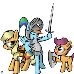 Size: 750x750 | Tagged: safe, artist:redesine, applejack, rainbow dash, scootaloo, earth pony, pegasus, pony, applejack is not amused, armor, bipedal, bridle, eyes closed, fantasy class, female, filly, helmet, knight, mare, saddle, shield, simple background, stirrups, sword, trio, unamused, warrior, weapon, white background
