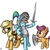 Size: 750x750 | Tagged: safe, artist:redesine, applejack, rainbow dash, scootaloo, earth pony, pegasus, pony, g4, applejack is not amused, armor, bipedal, bridle, eyes closed, fantasy class, female, filly, helmet, knight, mare, saddle, shield, simple background, stirrups, sword, trio, unamused, warrior, weapon, white background
