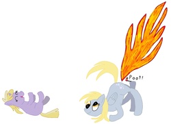 Size: 1528x1104 | Tagged: artist needed, safe, derpy hooves, dinky hooves, pegasus, pony, unicorn, g4, fart, fart noise, female, filly, fire, fire fart, mare, simple background, white background