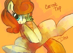 Size: 1100x800 | Tagged: dead source, safe, artist:dhui, carrot top, golden harvest, earth pony, pony, g4, carrot, cute, cutie top, female, food, hoof hold, mare, on back, smiling, solo, spread legs