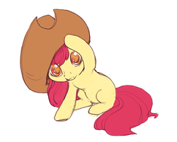 Size: 380x306 | Tagged: safe, artist:noel, apple bloom, earth pony, pony, g4, colored pupils, cowboy hat, female, filly, hat, simple background, sitting, solo, stetson, white background