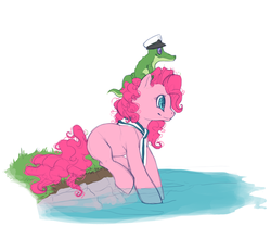 Size: 601x500 | Tagged: safe, artist:noel, gummy, pinkie pie, earth pony, pony, g4, clothes, female, hat, mare, profile, scarf, sitting, sitting on pony, water