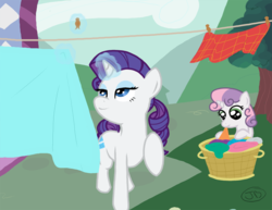 Size: 1000x773 | Tagged: safe, artist:the-kinetic, rarity, sweetie belle, pony, unicorn, g4, basket, belle sisters, clothes line, female, filly, laundry, mare, mouth hold, ponytail, siblings, sisters