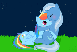 Size: 4272x2848 | Tagged: safe, artist:jigsaw91, rainbow dash, trixie, pegasus, pony, unicorn, g4, blushing, female, grass, high res, hug, lesbian, mare, night, prone, rarepair, shipping, sitting, trixdash