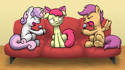 Size: 1600x900 | Tagged: safe, artist:topgull, apple bloom, scootaloo, sweetie belle, earth pony, pegasus, pony, unicorn, g4, bad singing, couch, cutie mark crusaders, female, filly, karaoke, microphone, singing, sitting, trio, wallpaper