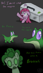 Size: 700x1200 | Tagged: safe, artist:muffinsforever, gummy, pinkie pie, earth pony, pony, g4, and then john was a zombie, broccoli, comic, doom: repercussions of evil, female, food, greatest fear, mare, parody, pinkamena diane pie, refrigerator, vegetables, veggies, wat