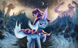 Size: 1680x1050 | Tagged: source needed, safe, artist:moe, trixie, bear, hydra, pony, unicorn, ursa, ursa major, g4, cape, clothes, crescent moon, epic, female, grin, hat, lidded eyes, looking at you, magic, mare, moon, multiple heads, raised hoof, rock, scenery, scenery porn, smiling, stars, tree, trixie's cape, trixie's hat