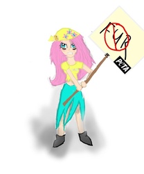 Size: 720x864 | Tagged: safe, artist:teamlars, fluttershy, human, g4, activist, belly button, clothes, female, humanized, midriff, peta, petashy, protest, sign, skirt, solo, torn clothes