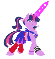 Size: 3175x3394 | Tagged: safe, artist:calicopikachu, twilight sparkle, pony, unicorn, g4, alternate hairstyle, candy, chainsaw, cheerleader sparkle, clothes, female, food, high res, juliet starling, lollipop, lollipop chainsaw, magic, mare, ponytail, simple background, skirt, solo, voice actor joke, white background
