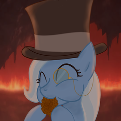 Size: 800x800 | Tagged: safe, artist:muffinsforever, trixie, pony, unicorn, g4, eating, eyes closed, fancy, female, hat, hell, herbivore, mare, monocle, pinecone, random, solo, top hat, trixie eating pinecones