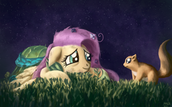 Size: 1680x1050 | Tagged: safe, artist:moe, fluttershy, pegasus, pony, squirrel, g4, clothes, dress, female, floppy ears, gala dress, grass, mare, messy mane, night, prone, smiling, solo