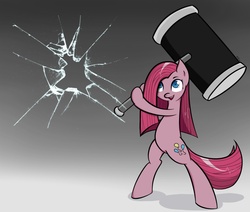 Size: 1300x1100 | Tagged: safe, artist:muffinsforever, pinkie pie, earth pony, pony, g4, bipedal, breaking the fourth wall, female, fourth wall, fourth wall destruction, gradient background, hammer, insanity, mare, pinkamena diane pie, shrunken pupils, smiling, solo, the fourth wall cannot save you