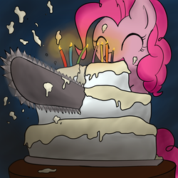 Size: 900x900 | Tagged: safe, artist:muffinsforever, pinkie pie, earth pony, pony, g4, cake, candle, chainsaw, eyes closed, female, mare, solo, vanilla must die