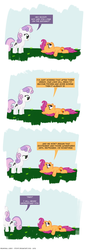 Size: 2000x5700 | Tagged: safe, artist:dtcx97, scootaloo, sweetie belle, pegasus, pony, unicorn, post-crusade, g4, comic, cutie mark, female, filly, foal, high res, hooves, horn, lying down, on back, open mouth, standing, wings