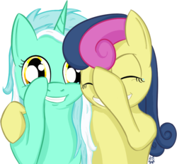 Size: 649x602 | Tagged: safe, artist:cheshiresdesires, bon bon, lyra heartstrings, sweetie drops, earth pony, pony, unicorn, g4, crying, duo, female, grin, laughing, laughingmares.jpg, mare, simple background, smiling, tears of laughter, transparent background