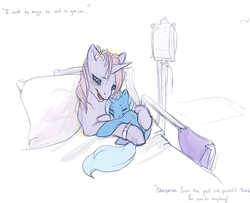 Size: 572x464 | Tagged: safe, artist:noel, trixie, pony, unicorn, g4, baby, bed, female, filly, foal, hospital, mare, mother, sad, sad in hindsight