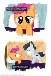 Size: 1600x2400 | Tagged: safe, artist:dtcx97, rumble, scootaloo, pegasus, pony, post-crusade, g4, bed, colt, female, filly, male, not creepy, ship:rumbloo, shipping, straight, surprised, swag, wingboner