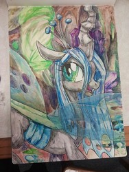 Size: 960x1280 | Tagged: dead source, safe, artist:buttercupsaiyan, queen chrysalis, changeling, changeling queen, g4, cute, cutealis, fangs, female, open mouth, photo, smiling, solo, standing, traditional art
