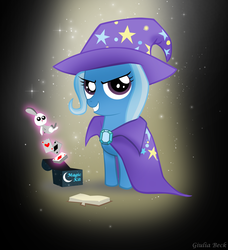 Size: 1577x1727 | Tagged: dead source, safe, artist:giuliabeck, trixie, pony, unicorn, g4, book, card trick, female, filly, filly trixie, foal, magic, playing card, solo, younger