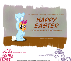 Size: 2000x1700 | Tagged: safe, artist:dtcx97, apple bloom, scootaloo, sweetie belle, earth pony, pegasus, pony, unicorn, post-crusade, g4, bunny costume, bunnyloo, clothes, cutie mark crusaders, easter, female, filly
