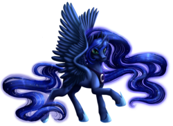 Size: 1500x1091 | Tagged: safe, artist:kittehkatbar, princess luna, alicorn, pony, g4, female, looking at you, mare, princess, raised hoof, simple background, solo, spread wings, transparent background