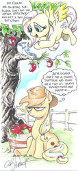 Size: 900x1975 | Tagged: dead source, safe, artist:andypriceart, applejack, fluttershy, bird, blue jay, earth pony, pegasus, pony, g4, annoyed, apple, apple tree, applejack is not amused, dialogue, female, flying, guano, mare, markers, semi-vulgar, speech bubble, sweet apple acres, thought bubble, traditional art, tree