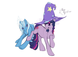 Size: 670x490 | Tagged: safe, artist:noel, trixie, twilight sparkle, pony, unicorn, g4, angry, clothes, cosplay, female, frown, glare, grin, hat, kicking, magic, mare, raised leg, running, simple background, smiling, teasing, telekinesis, trixie's hat, unicorn twilight, white background