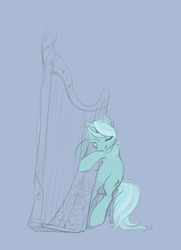 Size: 506x700 | Tagged: safe, artist:noel, lyra heartstrings, pony, unicorn, g4, chair, dexterous hooves, eyes closed, female, harp, mare, musical instrument, simple background, sitting