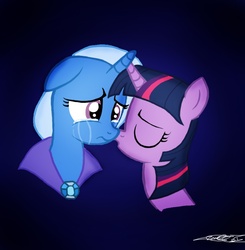 Size: 933x951 | Tagged: safe, artist:walliscolours, trixie, twilight sparkle, pony, unicorn, g4, crying, duo, female, gradient background, imminent kissing, kissing, lesbian, mare, sad, ship:twixie, shipping