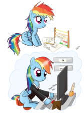 Size: 1000x1500 | Tagged: safe, artist:ratofdrawn, rainbow dash, pegasus, pony, g4, abacus, accountant, accounting, computer, cute, dashabetes, female, filly, foal, mare, simple background, thinking, transparent background