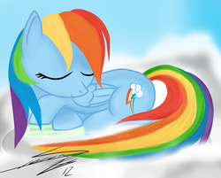 Size: 2761x2216 | Tagged: dead source, safe, artist:sierraex, rainbow dash, pegasus, pony, g4, book, cloud, cloudy, eyes closed, female, high res, hooves, lying on a cloud, mare, on a cloud, prone, sleeping, solo, wings