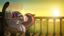 Size: 1920x1080 | Tagged: safe, artist:gign-3208, twilight sparkle, pony, unicorn, g4, balcony, chair, evening, eyes closed, female, mare, scenery, sleeping, solo, sunset, tree, wallpaper