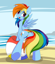 Size: 1595x1856 | Tagged: dead source, safe, artist:grumblepluck, rainbow dash, pegasus, pony, g4, :o, adorasexy, ball, beach, beach ball, bikini, bikini bottom, bipedal, butt, clothes, cute, female, looking back, mare, plot, rainbow panties, rainbow swimsuit, sexy, solo, swimsuit, thong swimsuit, topless