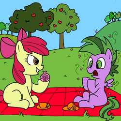 Size: 800x800 | Tagged: safe, artist:blackwidower, artist:boulderthedragon, artist:madmax, apple bloom, spike, earth pony, pegasus, pony, g4, apple, apple tree, colt, cup, duo, female, filly, male, picnic blanket, ponified, ponified spike, potion, ship:spikebloom, shipping, sitting, straight, teacup, tree