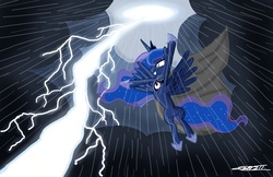 Size: 1686x1090 | Tagged: safe, artist:walliscolours, princess luna, alicorn, pony, g4, cape, clothes, epic, female, flying, lightning, mare, rain, solo, spread wings, storm, wings