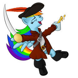 Size: 1600x1600 | Tagged: safe, artist:furor1, rainbow dash, pegasus, pony, g4, bipedal, boots, clothes, eyes closed, female, hat, mare, mug, pirate, simple background, solo, sword, transparent background, weapon