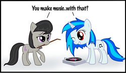Size: 3407x1965 | Tagged: safe, artist:kasun05, dj pon-3, octavia melody, vinyl scratch, earth pony, pony, unicorn, g4, bow (instrument), duo, female, filly, mare, mouth hold, record player, red eyes, simple background, white background, wrong eye color