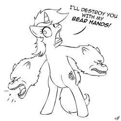 Size: 800x800 | Tagged: safe, artist:mixermike622, lyra heartstrings, bear, pony, unicorn, g4, abomination, bear arms, bipedal, black and white, derp, dialogue, female, grayscale, mare, monochrome, mutation, open mouth, pun, simple background, solo, the second amendment, wat, what has science done, white background