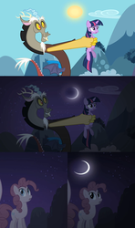 Size: 1280x2160 | Tagged: safe, edit, edited screencap, screencap, discord, pinkie pie, twilight sparkle, draconequus, earth pony, pony, unicorn, g4, season 2, the return of harmony, crescent moon, day, dilated pupils, female, holding a pony, mare, moon, night, unicorn twilight