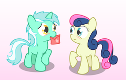 Size: 1100x700 | Tagged: safe, artist:041744, bon bon, lyra heartstrings, sweetie drops, earth pony, pony, unicorn, g4, adorabon, blushing, cute, duo, female, filly, foal, foal romance, gradient background, lesbian, letter, lyrabetes, mouth hold, ship:lyrabon, shipping, valentine, younger