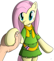 Size: 618x690 | Tagged: safe, artist:tg-0, fluttershy, human, pegasus, pony, semi-anthro, g4, arm hooves, clothes, duo, female, green skirt, hand, holding hooves, human on pony hoof holding, mare, scarf, shirt, simple background, skirt, smiling, standing, white background