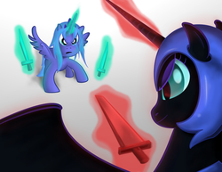 Size: 3712x2868 | Tagged: safe, artist:041744, princess luna, oc, oc:nyx, alicorn, pony, fanfic:past sins, g4, alicorn oc, duo, fanfic, fanfic art, female, filly, high res, mare, nightmare, nightmare nyx