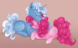 Size: 900x553 | Tagged: safe, artist:mn27, pinkie pie, pokey pierce, earth pony, pony, unicorn, g4, blushing, brown background, cuddling, cute, eyes closed, featured image, female, floppy ears, male, mare, neck nuzzle, nuzzling, prone, ship:pokeypie, shipping, simple background, smiling, snuggling, stallion, straight