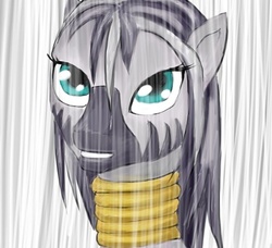 Size: 412x376 | Tagged: safe, artist:madhotaru, zecora, pony, zebra, g4, bust, female, grin, jewelry, looking at you, mare, neck rings, portrait, rain, smiling, solo, wet mane