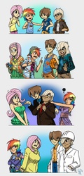 Size: 1000x2080 | Tagged: safe, artist:glancojusticar, dumbbell, fluttershy, hoops, rainbow dash, human, g4, age progression, basketball, big breasts, boy bullies, braces, breasts, busty fluttershy, clothes, dress, female, glasses, hippie, humanized, male, prom, sweatershy, weather factory uniform