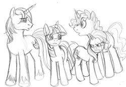 Size: 900x618 | Tagged: dead source, safe, artist:enigmaticfrustration, pokey pierce, shining armor, trixie, twilight sparkle, pony, unicorn, g4, female, male, mare, monochrome, siblings, sketch, stallion, unicorn twilight