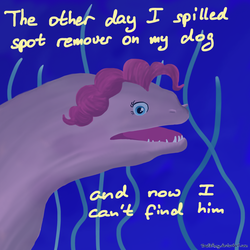 Size: 1600x1600 | Tagged: safe, artist:deathpwny, pinkie pie, eel, fish, moray eel, blue background, female, joke, looking at you, open mouth, simple background, solo, species swap, underwater, wat