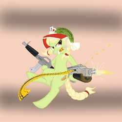 Size: 1024x1024 | Tagged: safe, artist:shadestars, granny smith, earth pony, pony, g4, cigar, female, gradient background, gun, mare, solo, weapon, young, young granny smith, younger