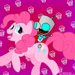 Size: 1000x1000 | Tagged: safe, artist:invidlord, pinkie pie, earth pony, pony, g4, abstract background, duo, female, gir, invader zim, mare