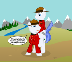 Size: 1500x1300 | Tagged: safe, artist:grilledcat, earth pony, pony, canada, canadian, duo, duo male, eh, male, mountie, ponies riding ponies, pun, riding, royal canadian mounted police, stallion, stereotype